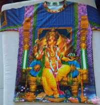 Pure Cotton Shrines Import T-shirt God Brave Ganesche (Ganesh Elephant Head God) Pattern Casual Short Sleeve Blouse