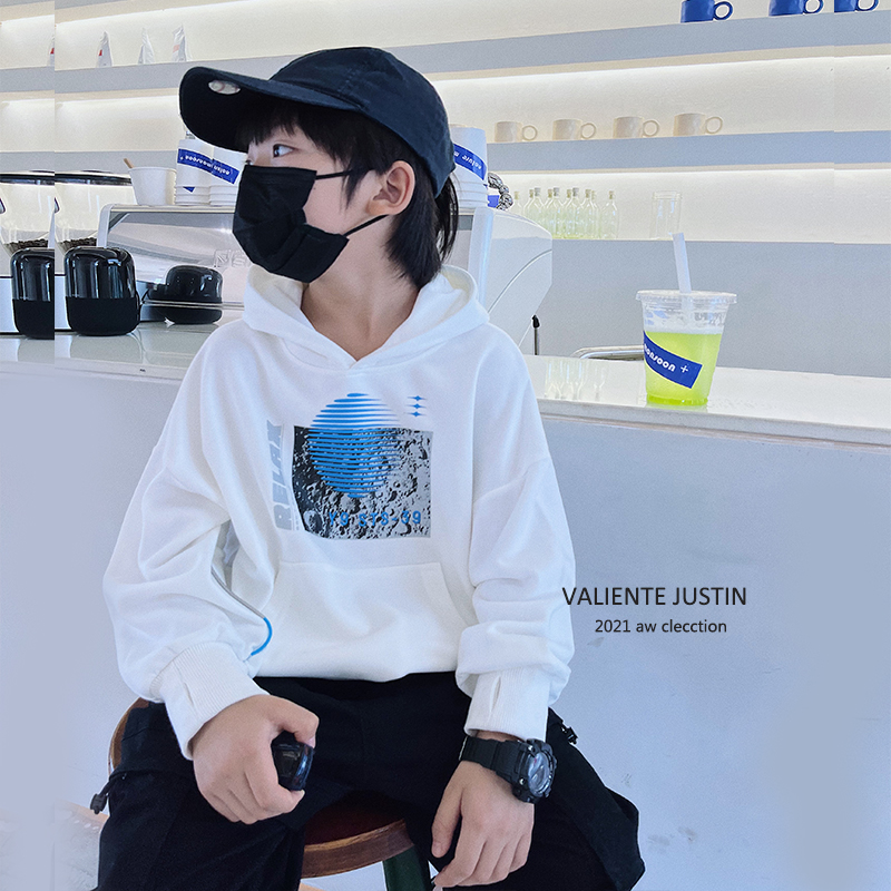 JUSTIN children's autumn clothes cotton soft printed hooded sweatshirt boys Western style hip-hop loose casual thick cotton tide