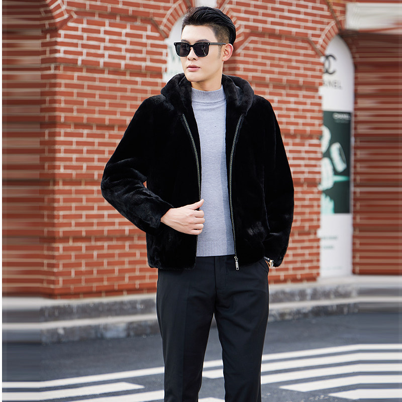 2025 New Winter Mink Coat for Men, Short Style with Hood, Imported Velvet Mink, Whole Piece of Genuine Mink Fur Coat