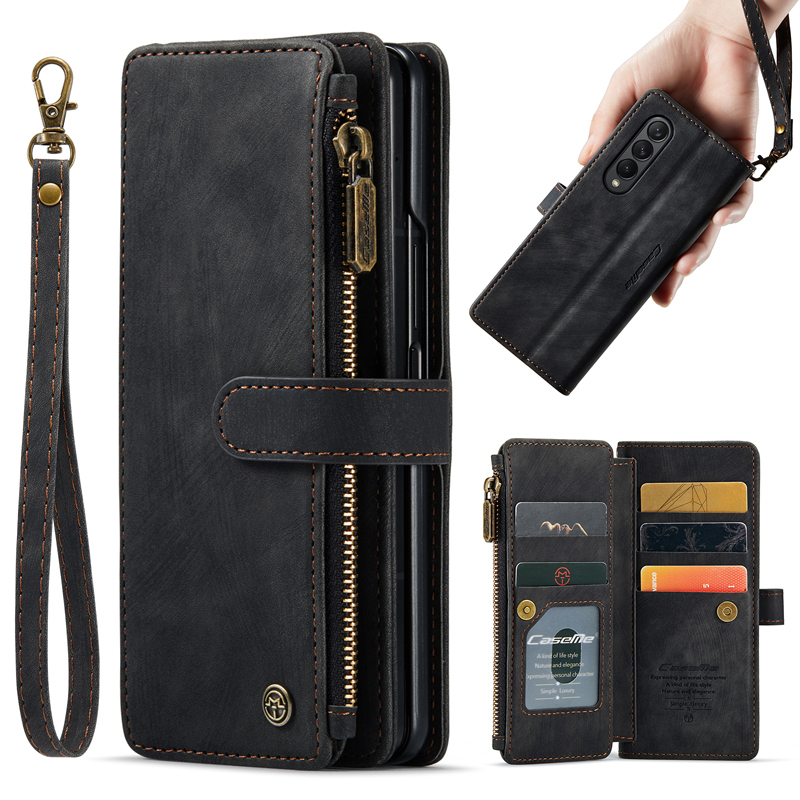 Retro Leather Case Suitable for Samsung Z Fold6/5 Generation Phones, Fold4/3 Generation Flip Protective Case, Galaxy W24/W23 Wallet Card Holder, Fold 30% off Stackable Phone Case with Wrist Strap for Men and Women