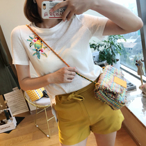 MIUSU 21 summer new linen knitted heavy industry embroidery Korean top T-shirt