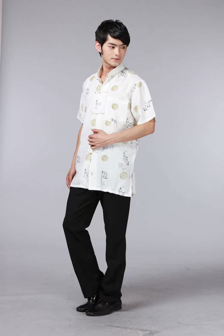 Sườn xám mùa hè 2015 Cải tiến giản dị Tanganh Cotton Trang phục dân tộc nam Quần áo ngắn tay quần thô nam
