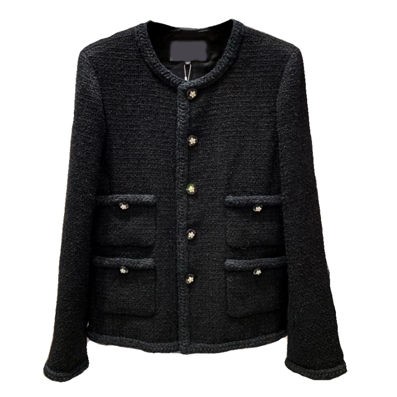 Черная куртка, шерстяное пальто, европейский стиль, стиль Chanel, mid length
