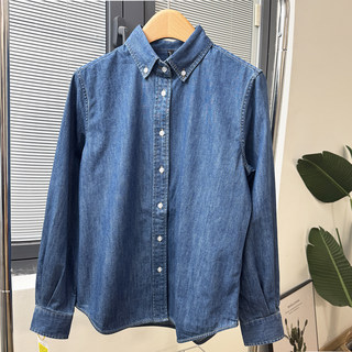 美式Polo领翻领牛仔衬衫女长袖全棉水洗蓝色男友风叠穿衬衣外套潮