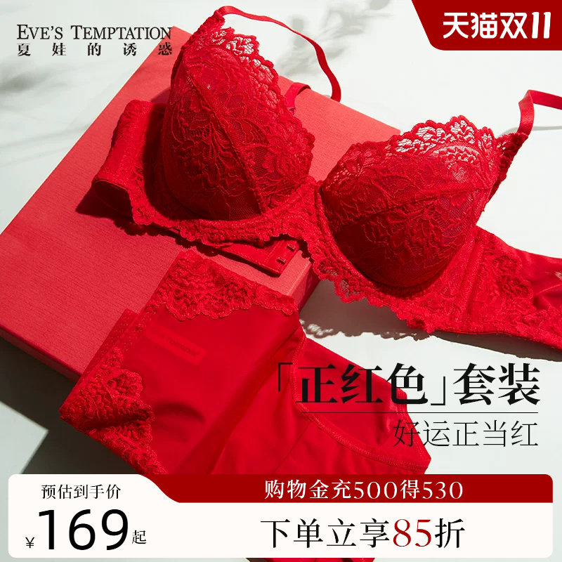 Eve's Temptation Red Lingerie Set for Women in Their Zodiac Year, Wedding Bride Push-Up Thin Lace Bra Set