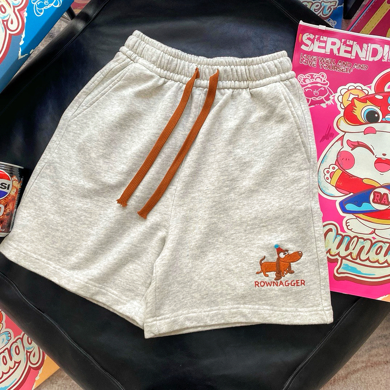 Cartoon Dachshund Embroidery Color-Blocked Pure Cotton Loose Shorts Casual Pants for Women Summer New Style Rownagger Paper Bag Home