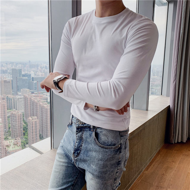 Spring Korean style slim stretch high-end round neck long-sleeved T-shirt for young men and versatile comfortable tight-fitting bottoming shirt