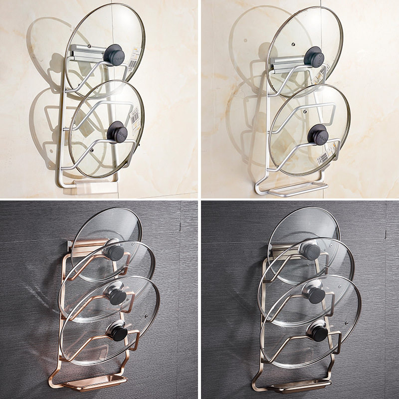 Space aluminum hole-free pot cover rack with water kitchen storage Household wall hanging pot cover storage rack Wall hanging