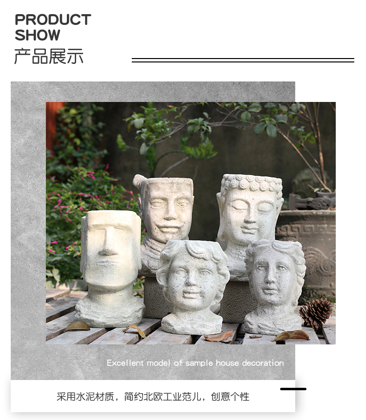 Vintage ông già chân dung xi măng nồi đất nung màu xanh lá cây chiến binh trang trí tượng Bắc Âu bình xi măng - Vase / Bồn hoa & Kệ chau cay