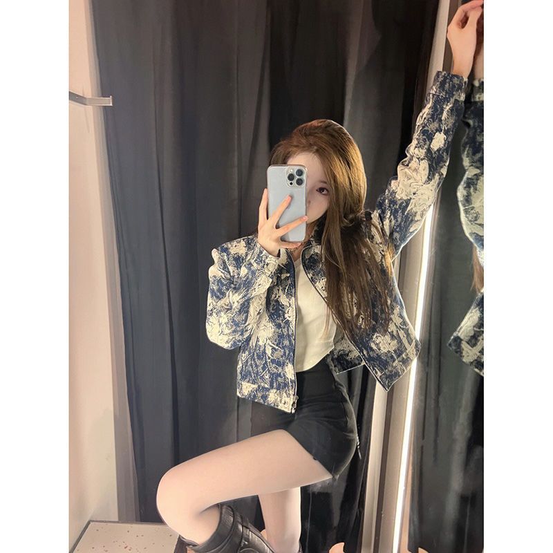Spring and Autumn New Loose Brushed Printed Blazer Denim Jacket Short Coat for Women in a Chic Socialite Style Trendy Top Spring and Autumn New Loose Brushed Printed Blazer Denim Jacket Short Coat for Women in a Chic Socialite Style Trendy Top