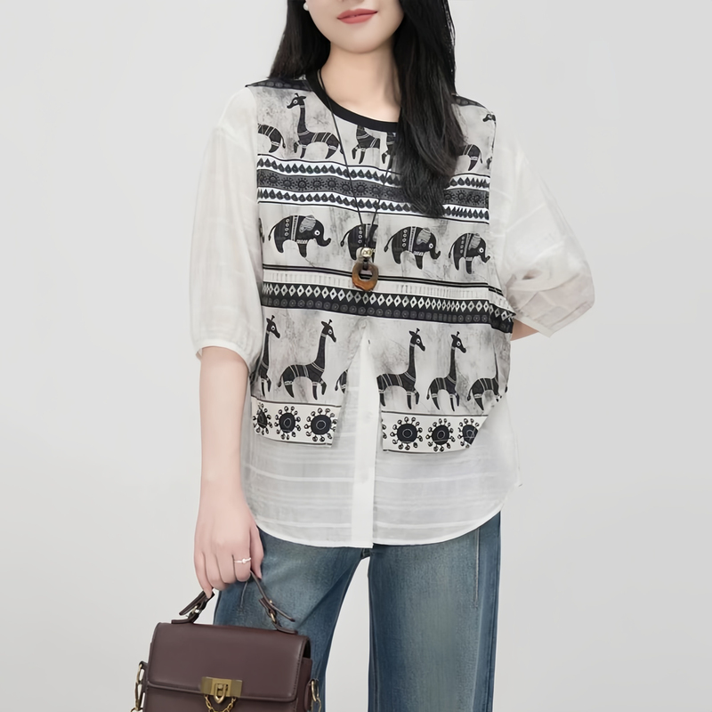 Designed Printed Faux Two-Piece Shirt for Women, Loose Round Neck, Thin and Breathable, Figure-Flattering, Three-Quarter Sleeves, Commuter Style Top Designed Printed Faux Two-Piece Shirt for Women, Loose Round Neck, Thin and Breathable, Figure-Flattering, Three-Quarter Sleeves, Commuter Style Top
