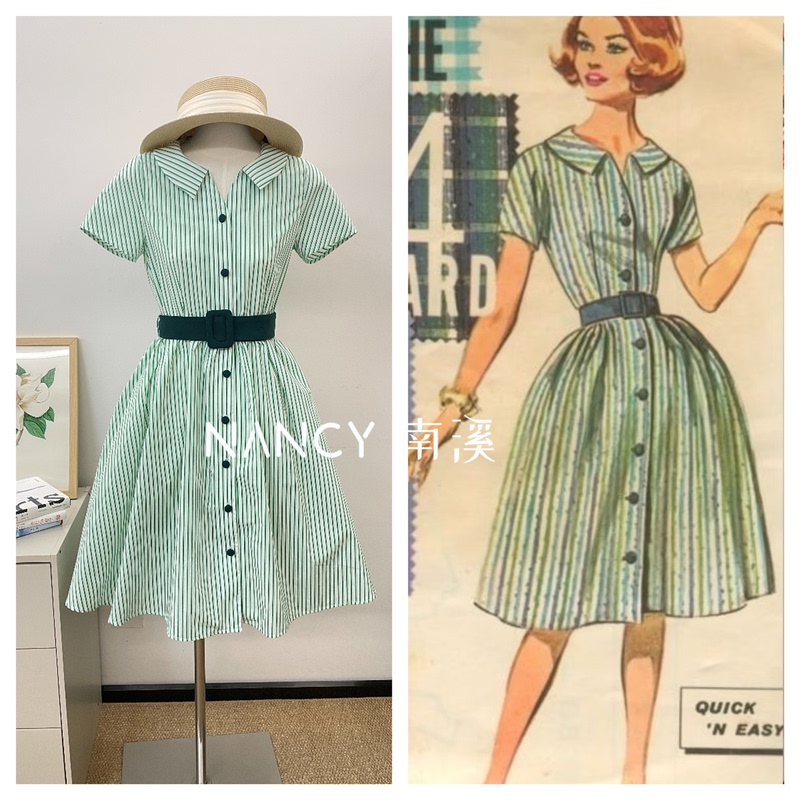 Vintage Replica 1950S Retro Striped Dress Summer Waist-Cinching A-Line Skirt Slimming Elegant Short-Sleeved Shirt Dress