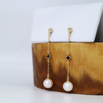 18k gold four-leaf straw elements pearl long-ear clip CC pure handmade without earbugless sensual sensual accessories