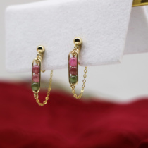 Multi-color tourmaline Super fairy temperament long and short asymmetry ear clip CC original design earless hole mosquito incense plate ear ornaments