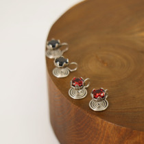 Lotus ear clip retro to make old 925 silver pomegranate red black zircons mosquito coil surface without pain and earbuds