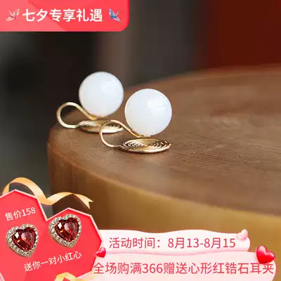 Warm Hetian white jade high-end ear clip new product CC jewelry workshop original exquisite handmade mosquito coil plate earrings