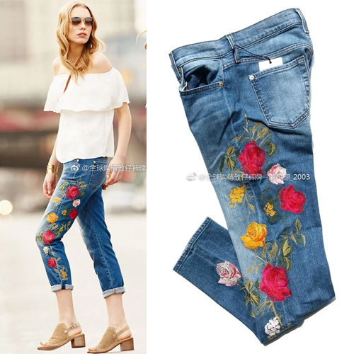 ㊣ Size 25 7 for All Mankind Boyfriend-Style Ankle-Length Straight-Leg Pants with Floral Embroidery Real Photos