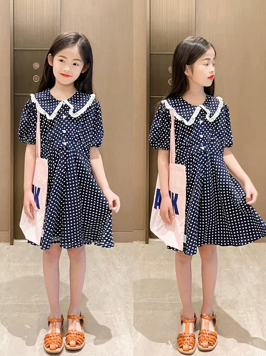 MIKA 2021 summer big girls lapel retro wave point waist irregular hem short-sleeved dress
