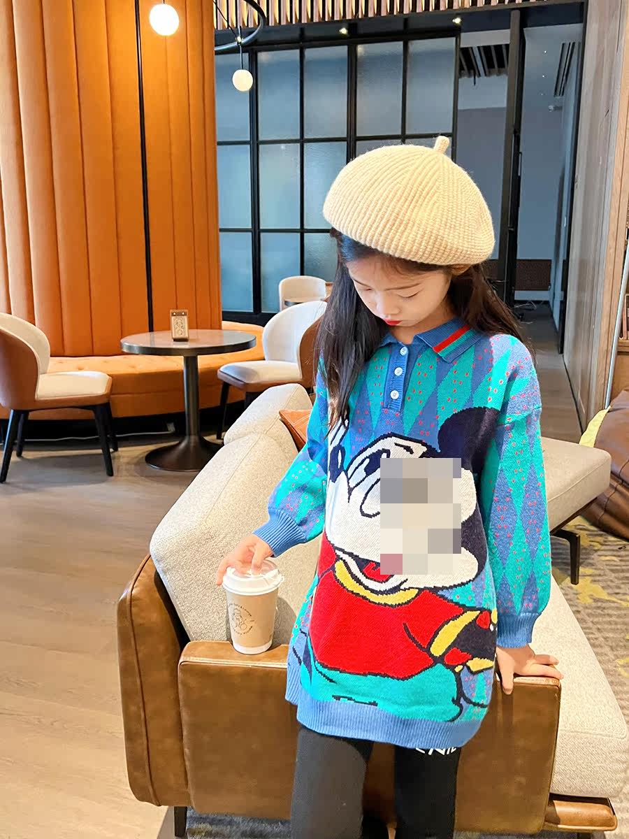 MIKA2021 autumn and winter new Korean version of the large and medium-sized girls cartoon lapel long round neck sweater pullover