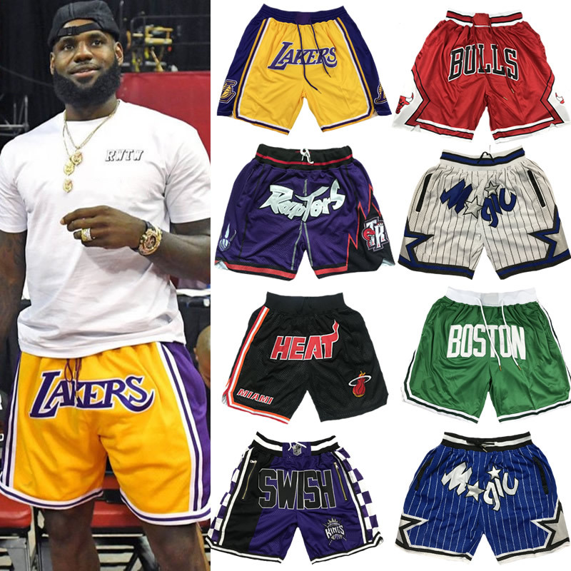 Heat Lakers James Bulls Magic Raptors Embroidered Basketball Shorts American Style Men's Loose Breathable Five-Point Shorts