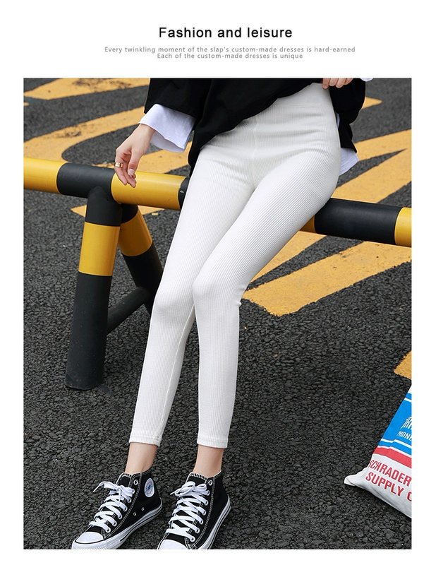 Quần legging nữ mặc ngoài mùa thu cotton mới cao eo chủ đề Phiên bản Hàn Quốc thanh mỏng dọc kích thước lớn quần thun chân