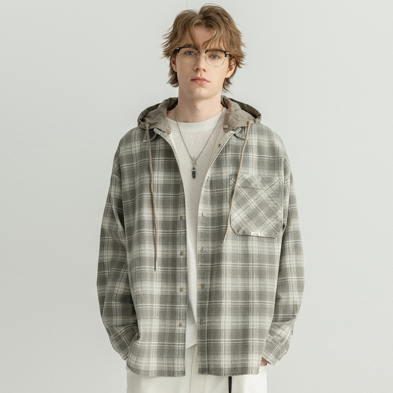 Hooded Design, Loose-Fitting College Style 2026 Spring and Autumn New Plaid Cotton Blend Long-Sleeved Shirt Jacket for Men