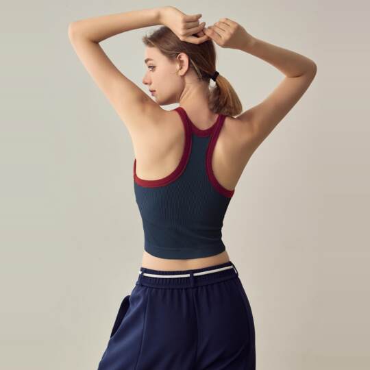 Color block yoga vest women's threaded fixed cup running shockproof sports bra outer wear training I-shaped fitness bra