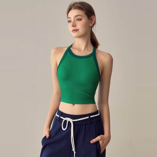 Color block yoga vest women's threaded fixed cup running shockproof sports bra outer wear training I-shaped fitness bra