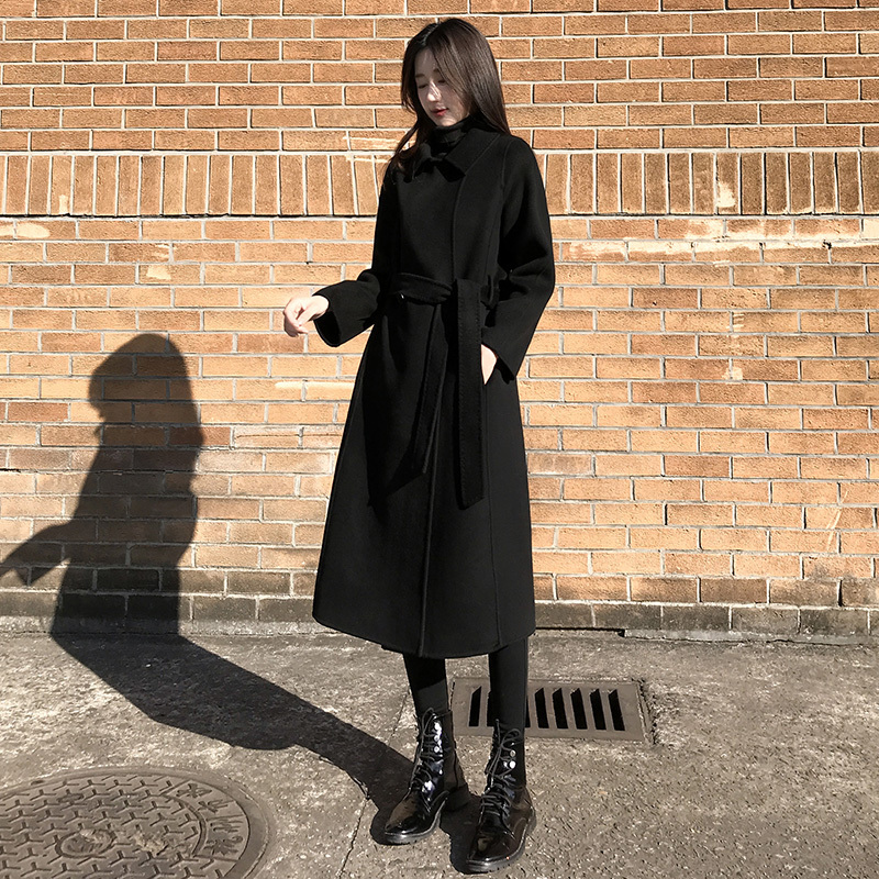 Double-Sided Cashmere Coat for Women, Mid-Length, 2025 Autumn and Winter New Style, Black Woolen Coat with Belt, Slimming Woolen Jacket