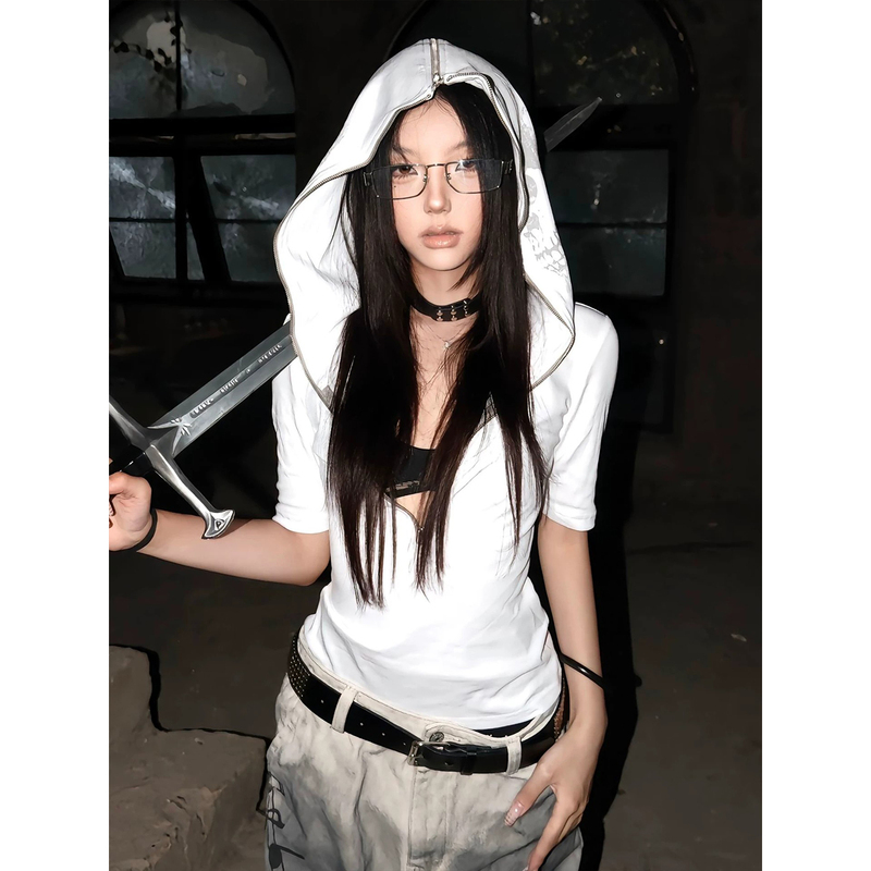 American High Street Style Hooded Short-Sleeved Women's Summer New Skull Print Slimming Mid-Sleeve Hot Girl Sports Subculture Top