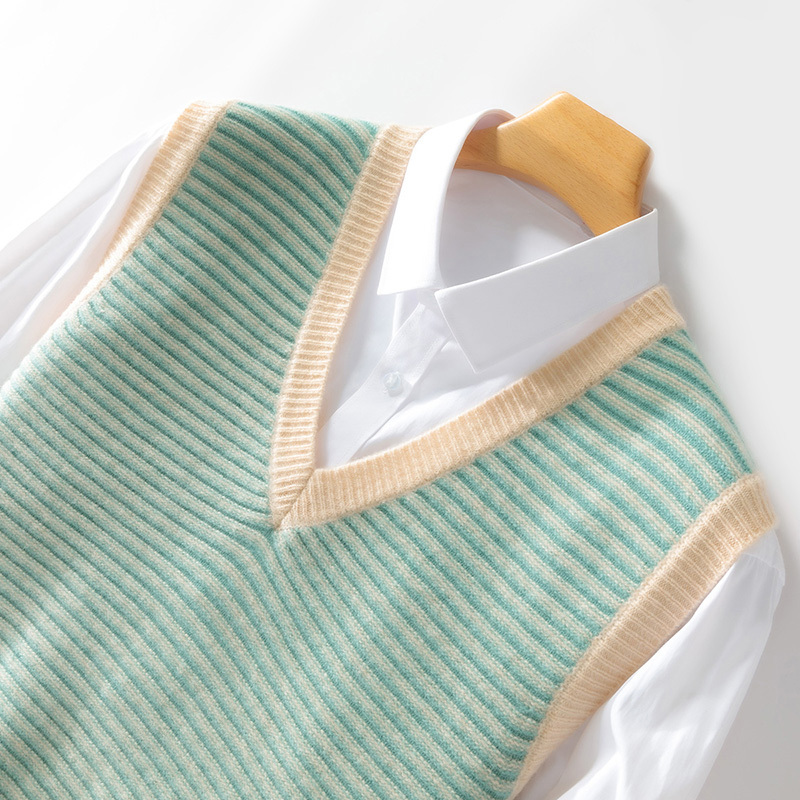 Double-Layered Thickened 100% Pure Wool Vest for Men, V-Neck Striped Color-Blocked Casual Sleeveless Cashmere Sweater Vest