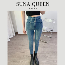 Autumn and winter 2020 new bottoming casual hip straight tube high waist slim slim plus velvet jeans womens spot