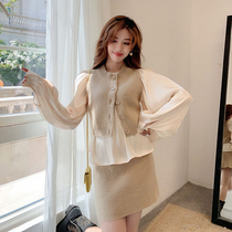 Foreign style small fragrance 2020 Autumn fashion suit blouse knitted waistcoat skirt fried street three-piece set spot