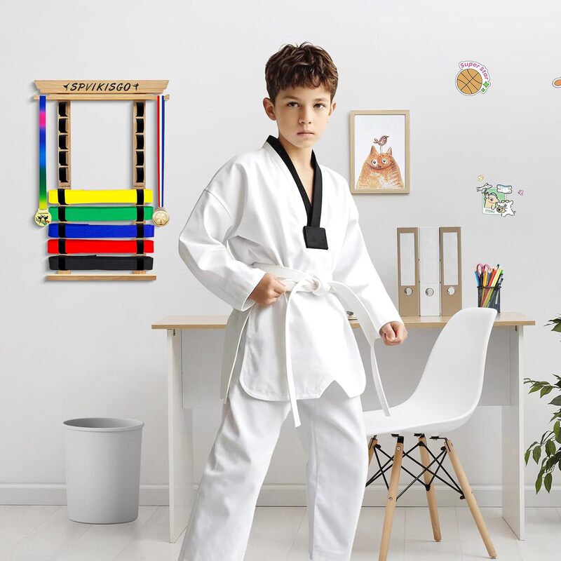Belt Storage Rack Wooden Taekwondo Karate Judo Promotion Belt Rack Training Hall Wall-Mounted Belt Storage Rack