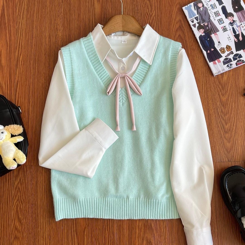 Floral Pattern Set Vest Sweater Jk Uniform Loose Basic Style Girl's Knitwear V-Neck Sleeveless Sweater