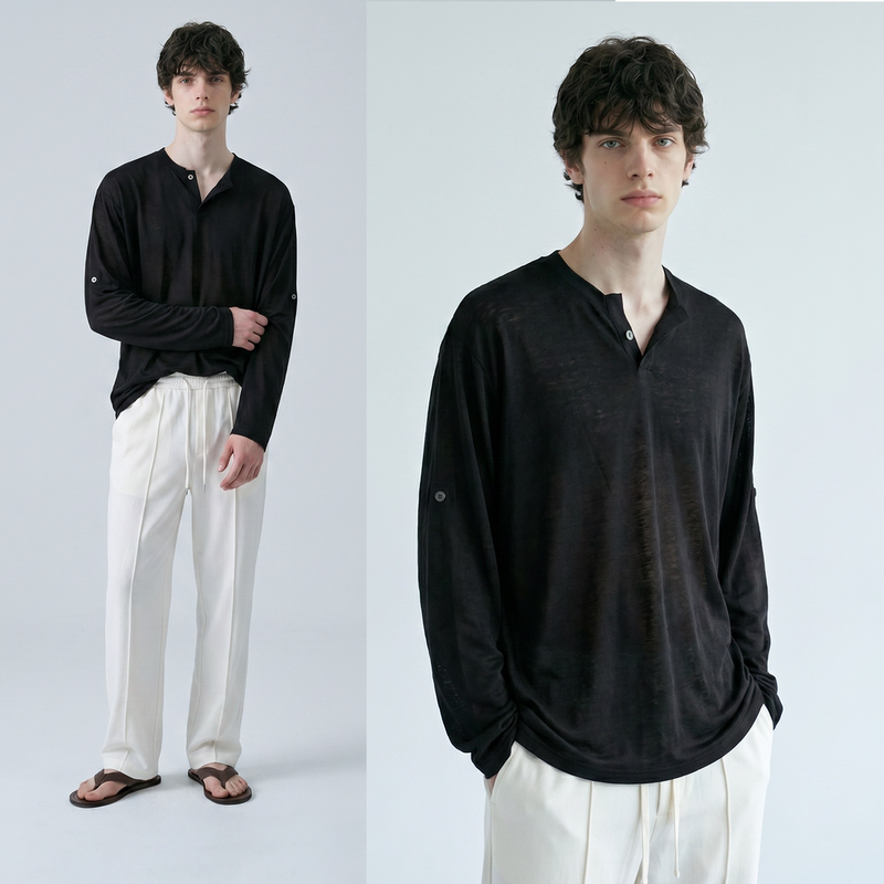 Largewish Lyocell Sun Protection Blouse, Sheer Long-Sleeved T-Shirt, Henry Collar, Loose and Lazy Style, Unisex