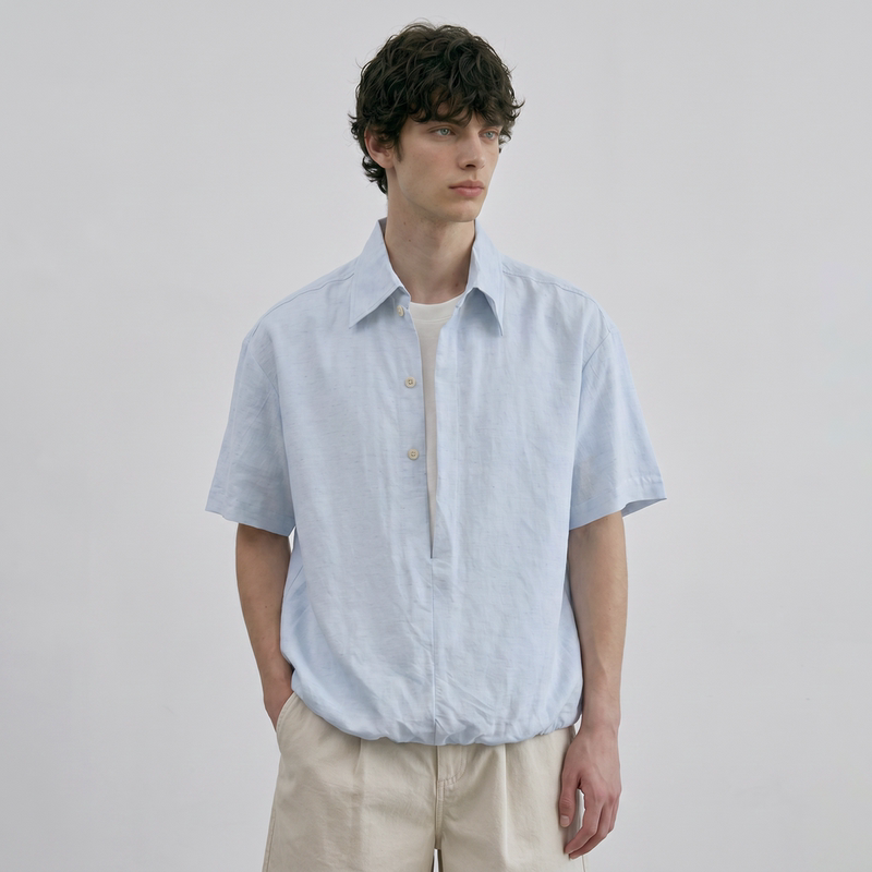 Large Wish Linen Lyocell Fake Two-Piece Short-Sleeve Shirt Cool and Loose Summer Simple Turn-Down Collar Top