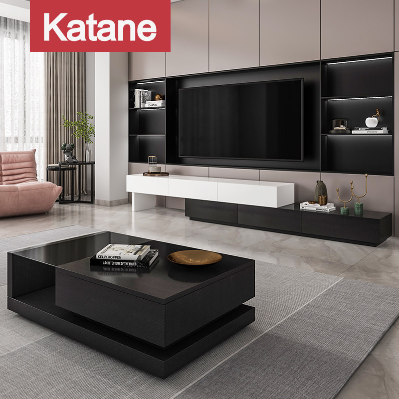 Nordic modern simple TV cabinet tea table combination set living room furniture background wall hanging cabinet large and small apartment cabinet