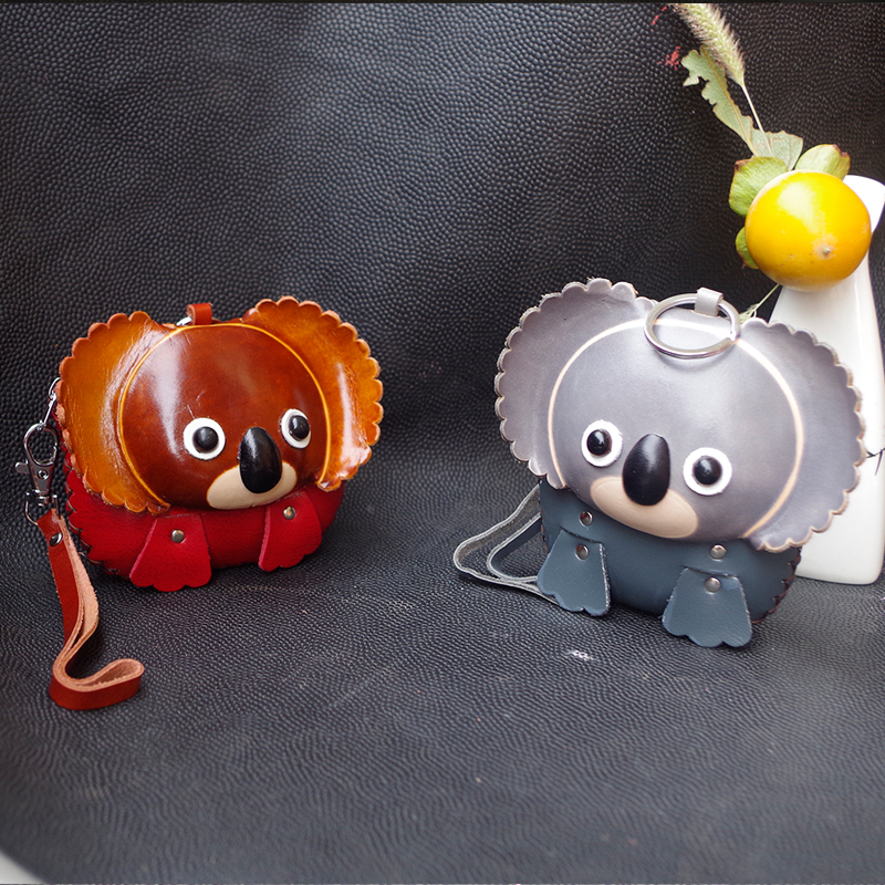 Cute koala leather small coin purse leather key chain bag handmade mini children's cartoon shoulder bag