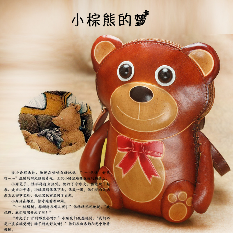 Genuine leather handmade personalized small shoulder bag simple and cute shoulder bag female bear cartoon big screen mobile phone bag cowhide backpack