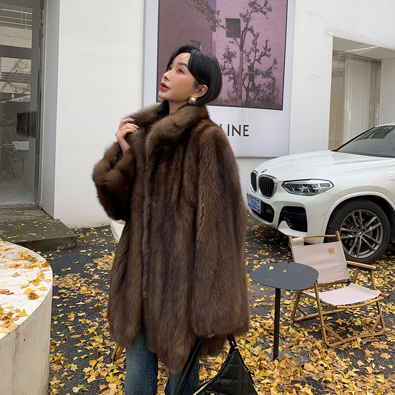 Long Fur Coat for Women Made with Traditional Russian Sable Fur with a Starry Black Gold Pattern