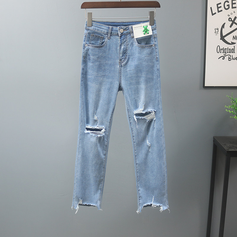 Straight-leg jeans for women in summer 2022, light blue frayed and ripped cigarette tube pants, petite slimming 9-inch pants pic 4