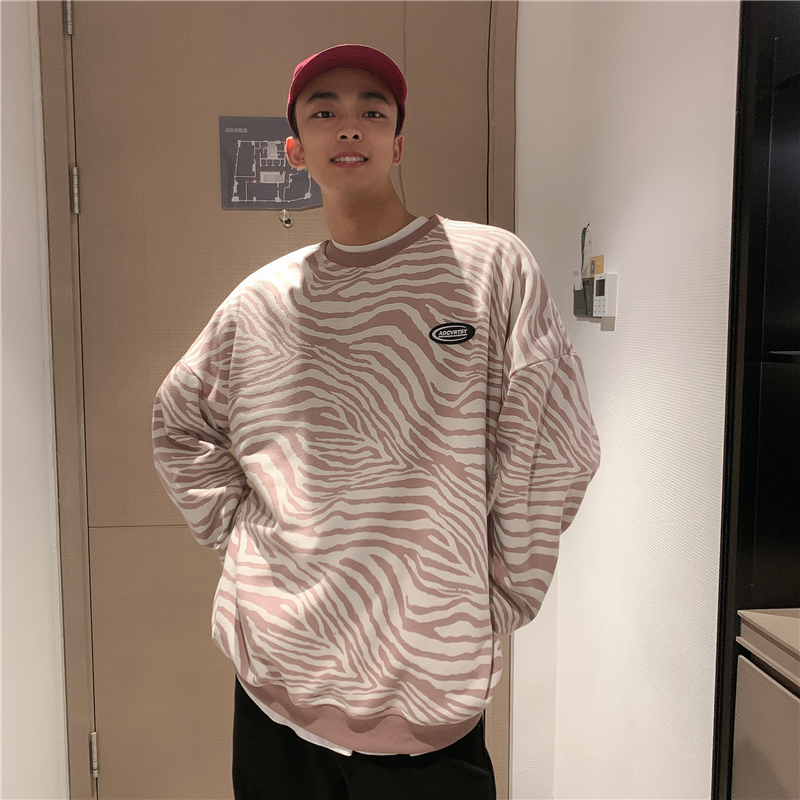 (UPDAYWANG)Autumn and winter wild zebra pattern base shirt pullover couple thick T-shirt Long sleeve loose crew neck T-shirt