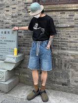 UPDATYWANG TWO COLOR DRAWING ROPE WAIST 100 LAP DAYS Tide Shorts Male Denim 50% Pants Loose Pants Man