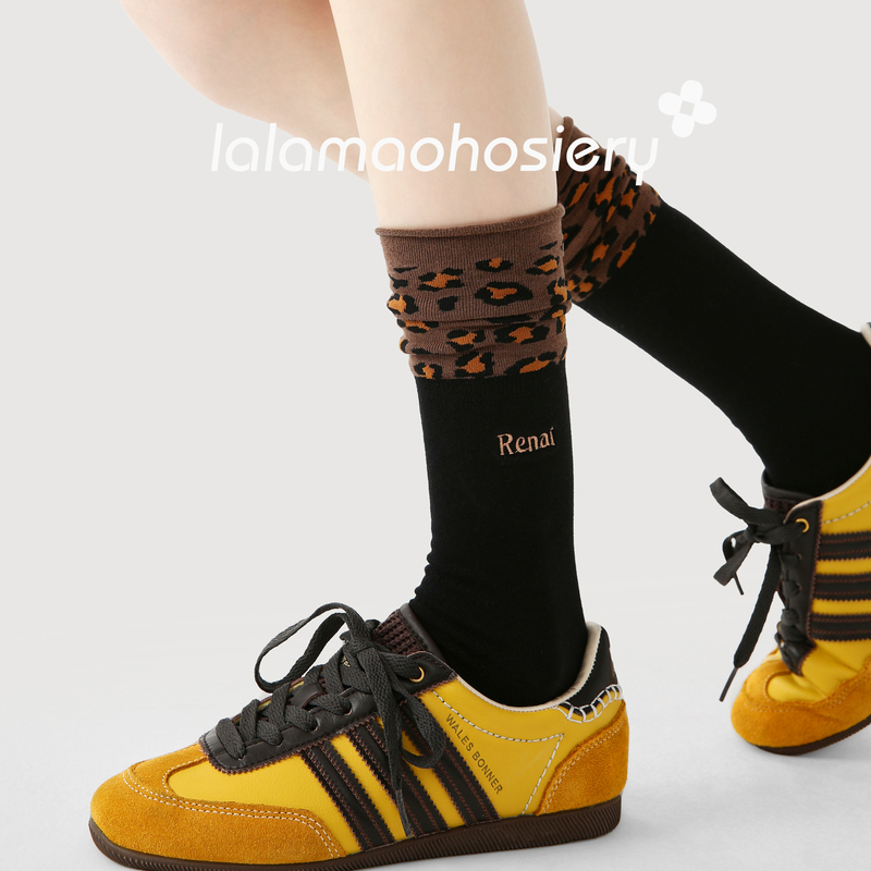 Leopard Print Patchwork Mid-Calf Socks ins Trendy Pure Cotton Black Socks for Women, Autumn Stylish and Trendy, Suitable for German Training Shoes