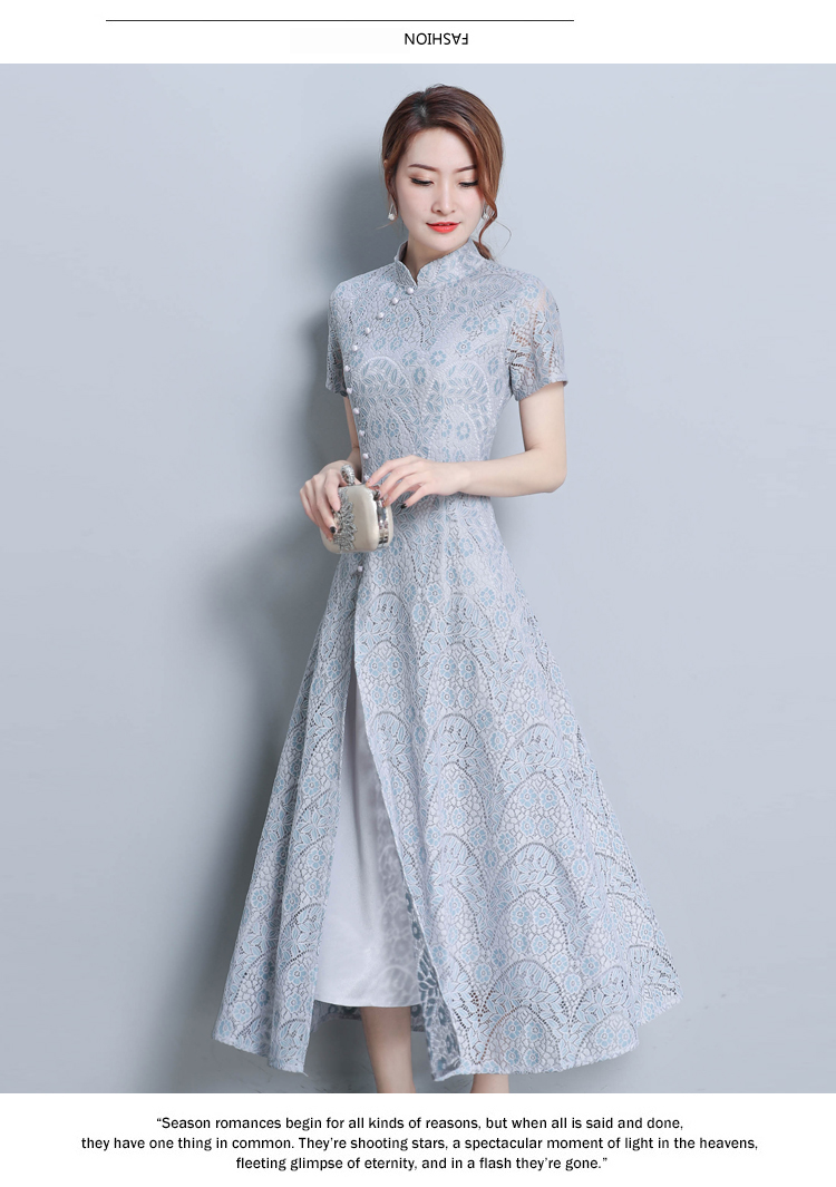 长款大码蕾丝旗袍裙短袖2018春夏新款日常改
