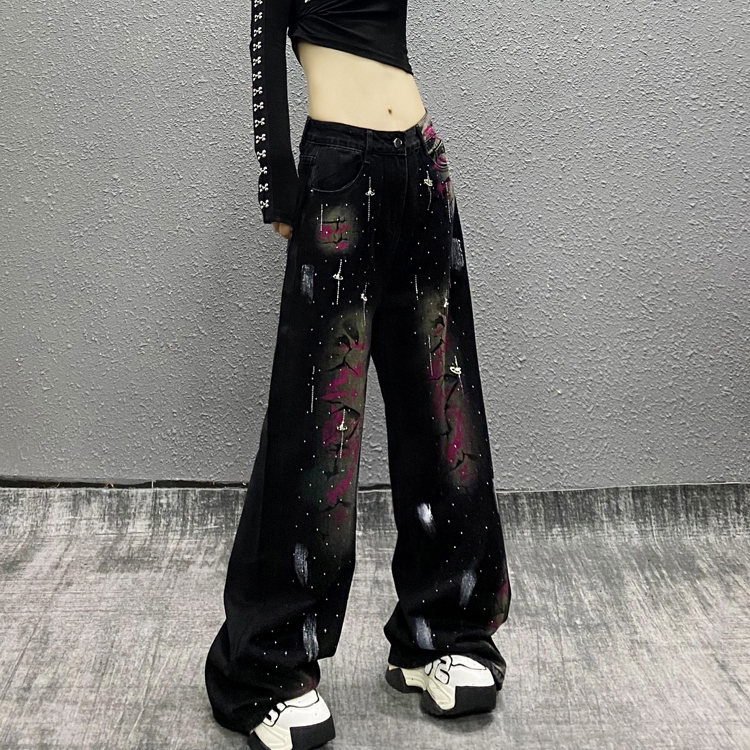 Heavy Industry Hot Diamond Printed Casual Jeans Women's Autumn New Style High Waisted Loose Slim Easiest for Match Straight-Leg Leg Wide Leg Pants
