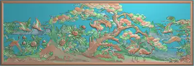 Fine carved picture Yingkesong plaque screen background wall wood carving stone jade carving sandstone pine crane peony landscape relief map