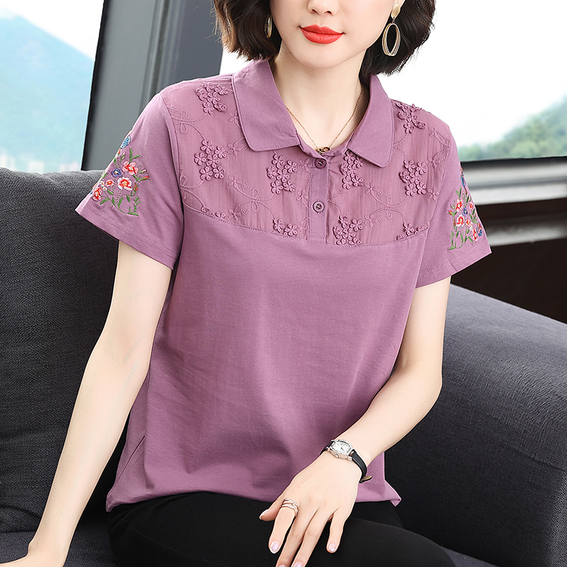 Middle-Aged and Elderly Mothers' Pure Cotton Collared Short-Sleeved T-Shirt, Women's Stylish Embroidered Top, Summer Half-Sleeved Polo Shirt with a Turn-Down Collar Middle-Aged and Elderly Mothers' Pure Cotton Collared Short-Sleeved T-Shirt, Women's Stylish Embroidered Top, Summer Half-Sleeved Polo Shirt with a Turn-Down Collar