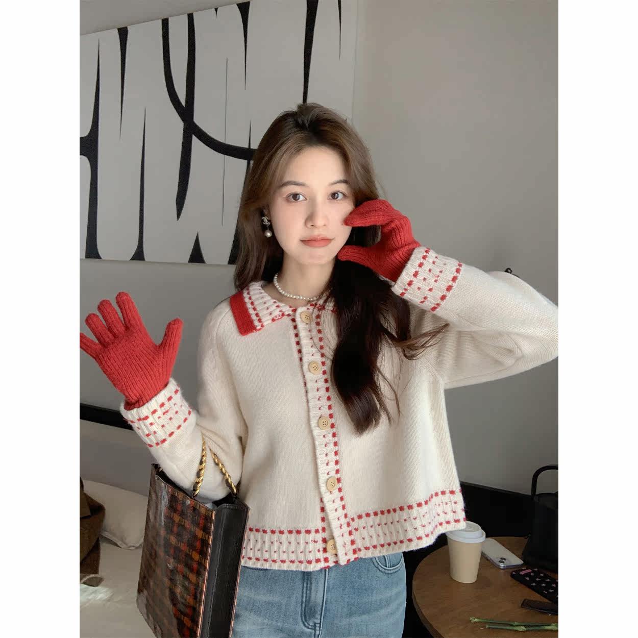 Flowers Chestnut lady can be ruffled with a sweatshirt with a small fragrance, a collared knitwear and a small sublady autumn winter coat-Taobao
